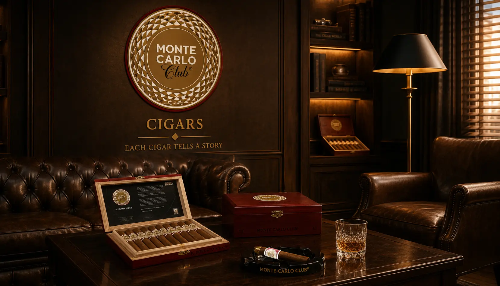 Coffrets et cigares Monte-Carlo Club® présentés dans un élégant cigar lounge.