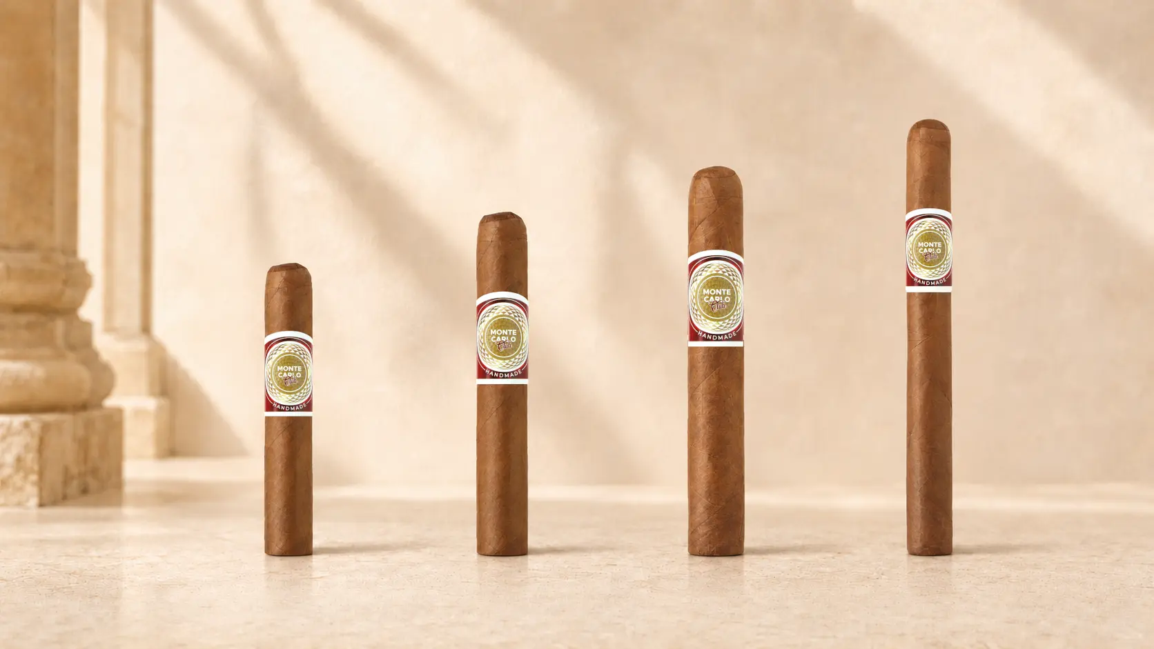 Les quatre cigares Monte-Carlo Club® - Short Robusto, Robusto, Toro et Churchill - présentés côte à côte.