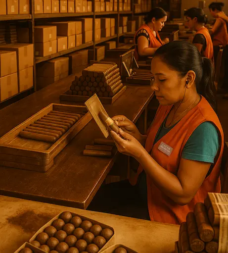 Tobacco leaves and hand-rolling of Monte-Carlo Club cigars in the workshop.